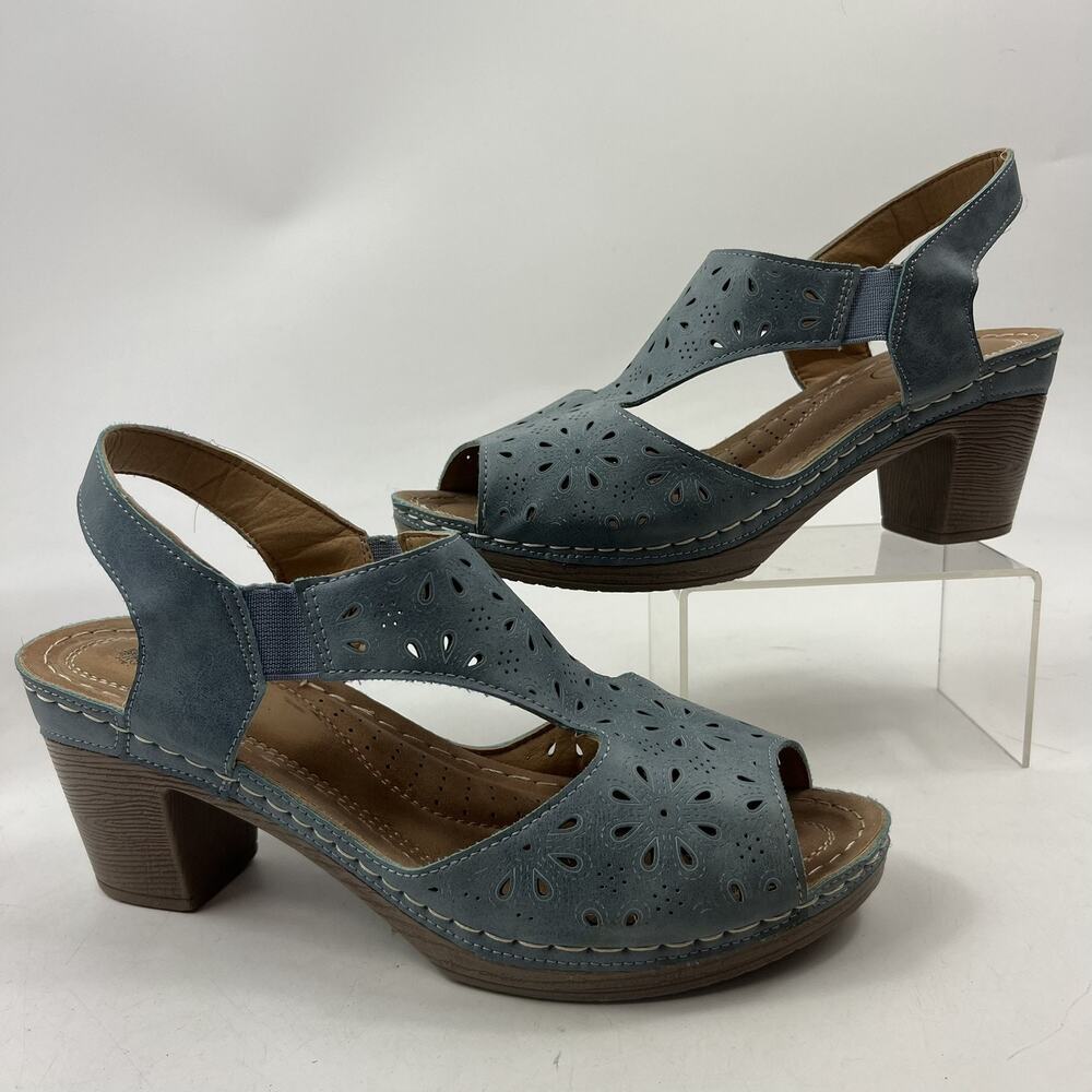 GC Shoes Womens Bandi Heeled Sandals Size 9W Blue Peep Toe Slingback Block Heel